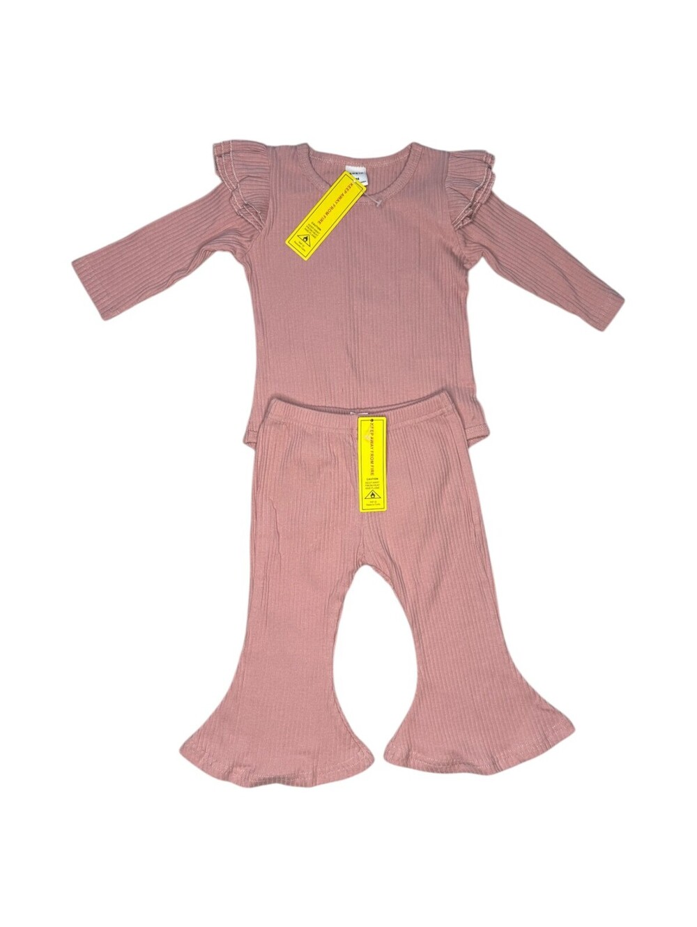 New With Tags Pink Ribbed Ruffle Sleeve Top and Flared Pants Set for Girls